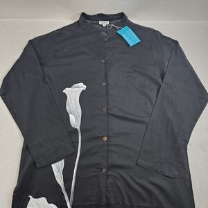 NEW Hand Painted in Bali Cala Lily Cover Up Dress Black Cotton Wmn's Med